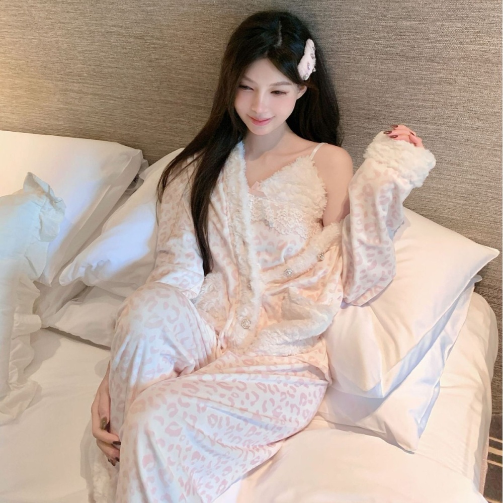 Autumn and winter long pants pink pajamas 3pcs set