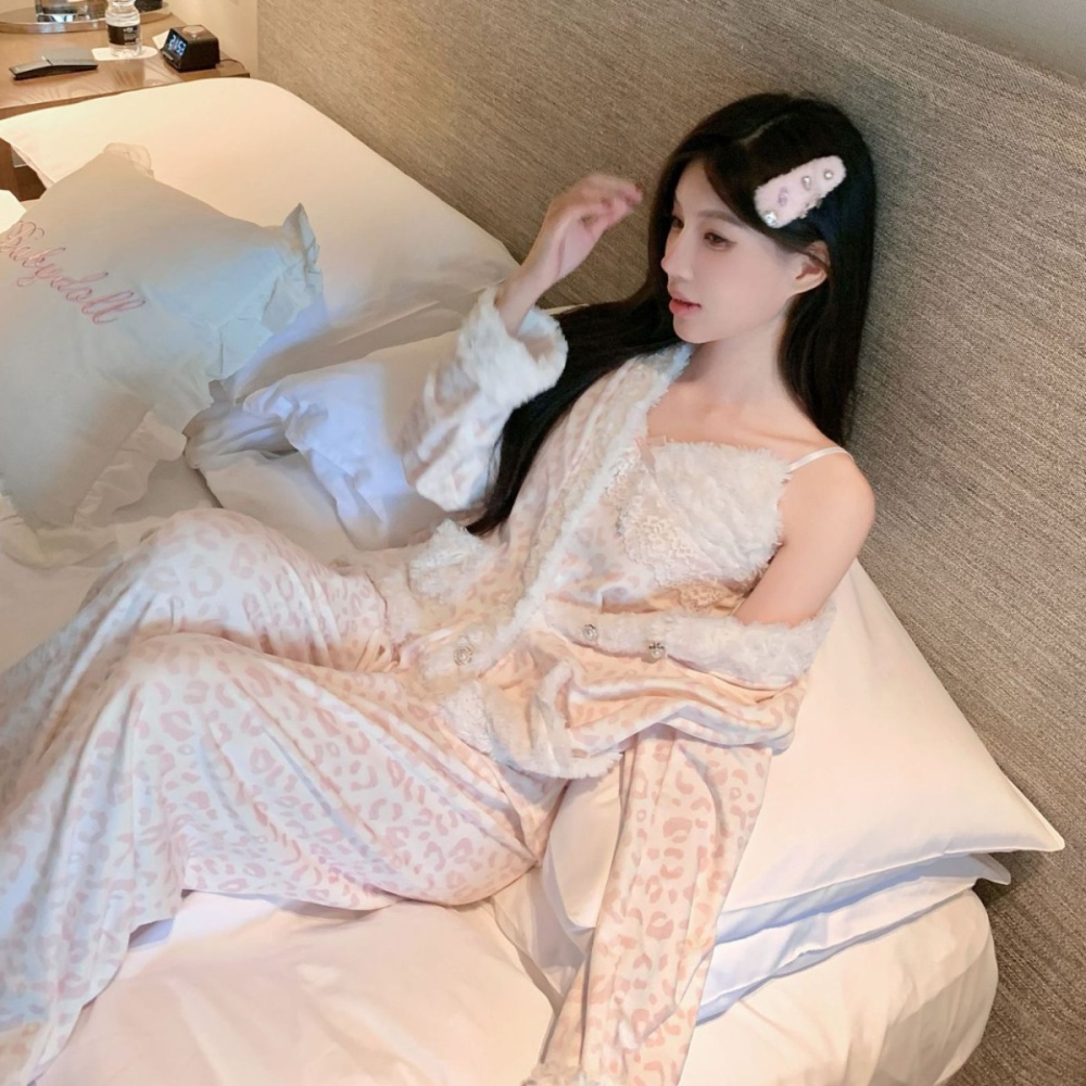 Autumn and winter long pants pink pajamas 3pcs set