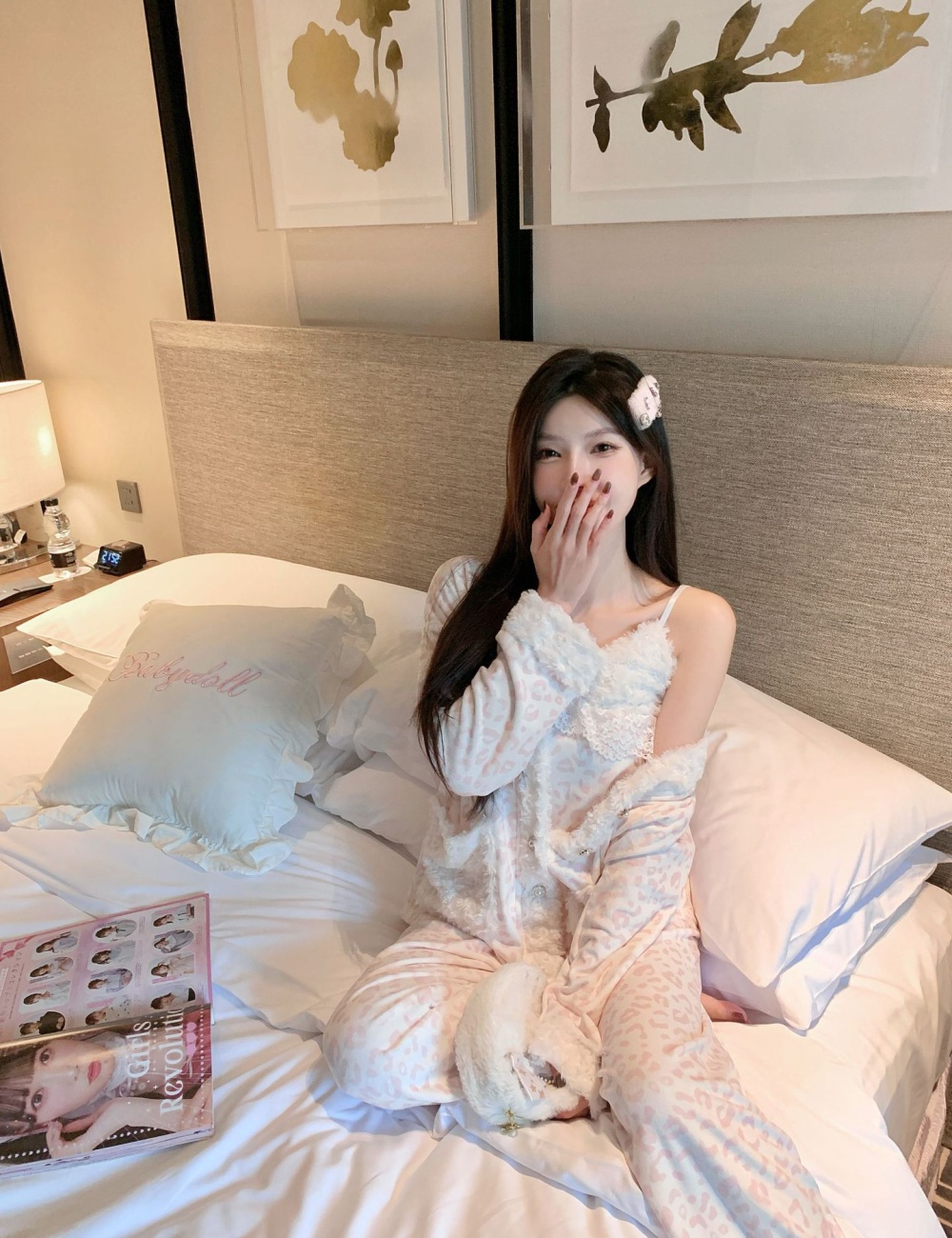 Autumn and winter long pants pink pajamas 3pcs set