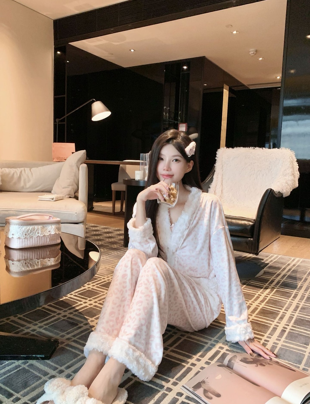 Autumn and winter long pants pink pajamas 3pcs set