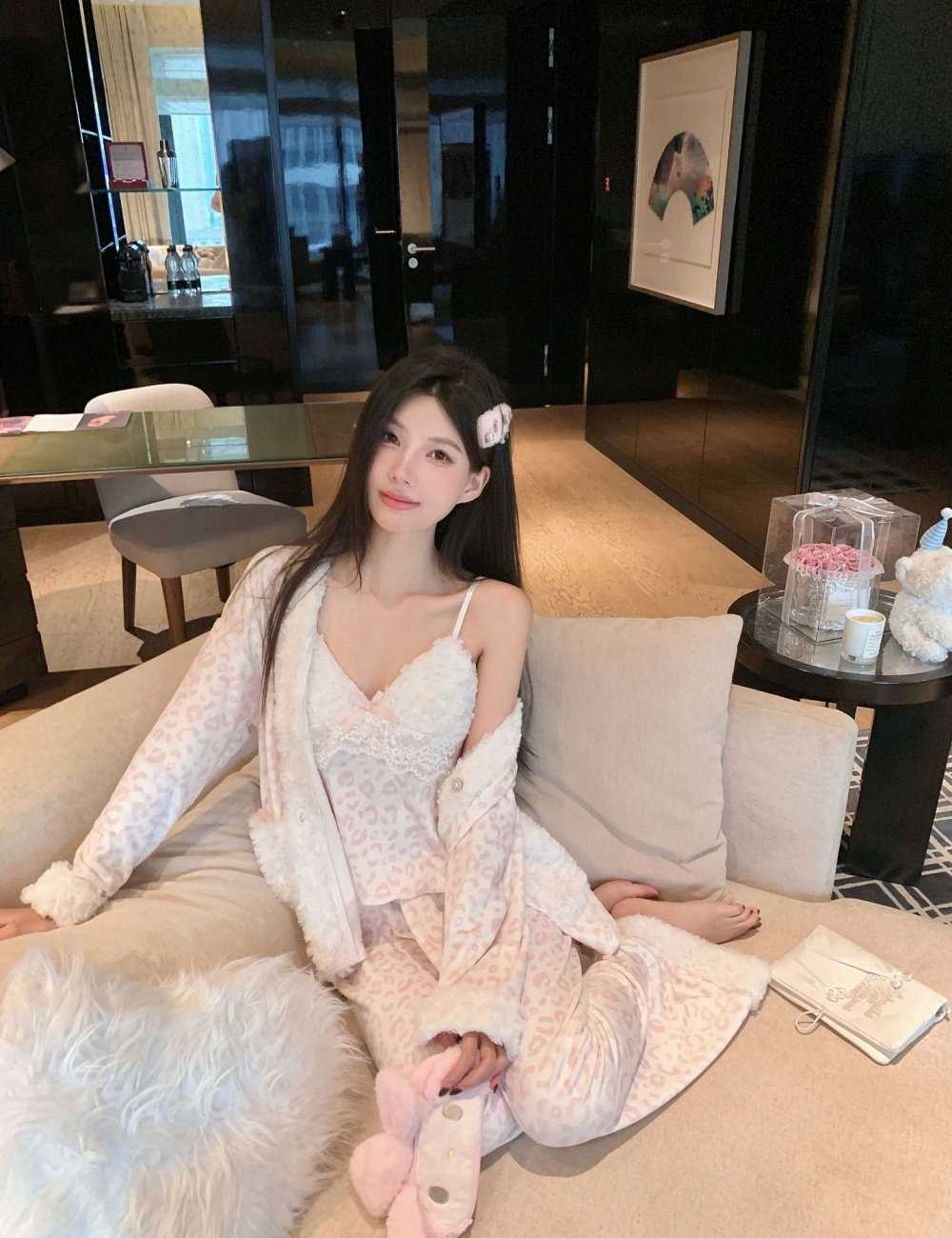 Autumn and winter long pants pink pajamas 3pcs set