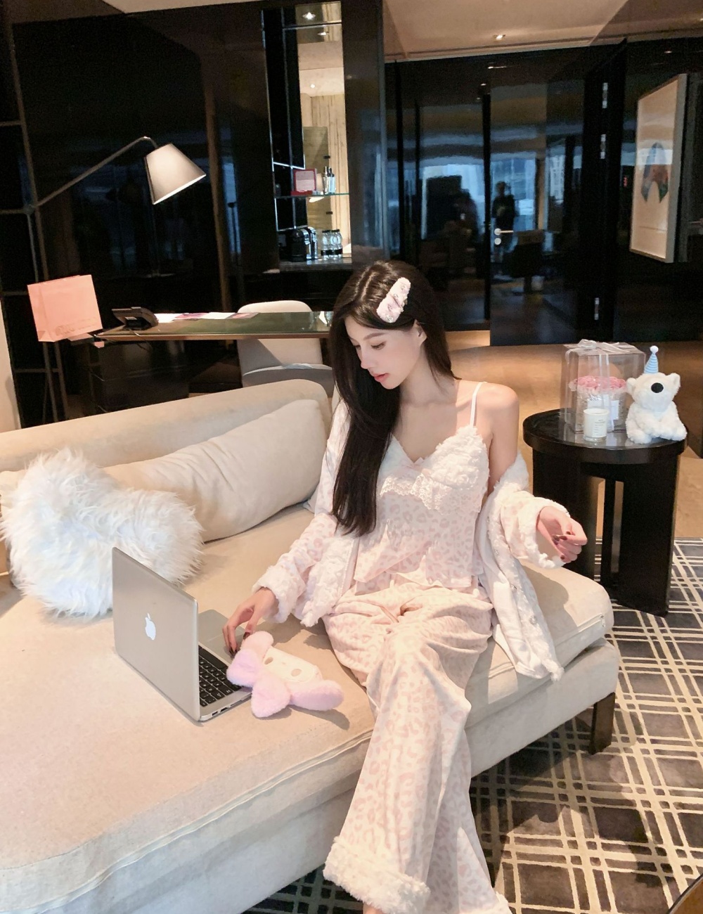 Autumn and winter long pants pink pajamas 3pcs set