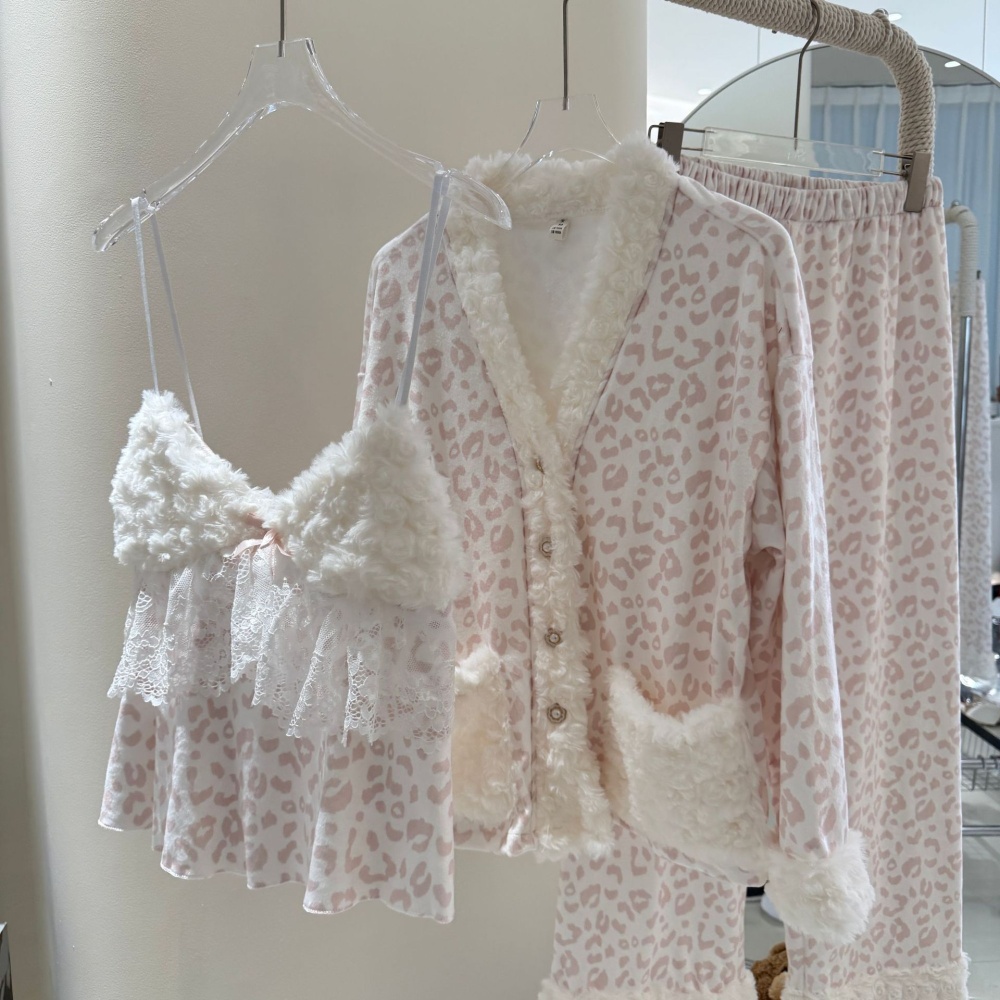 Autumn and winter long pants pink pajamas 3pcs set