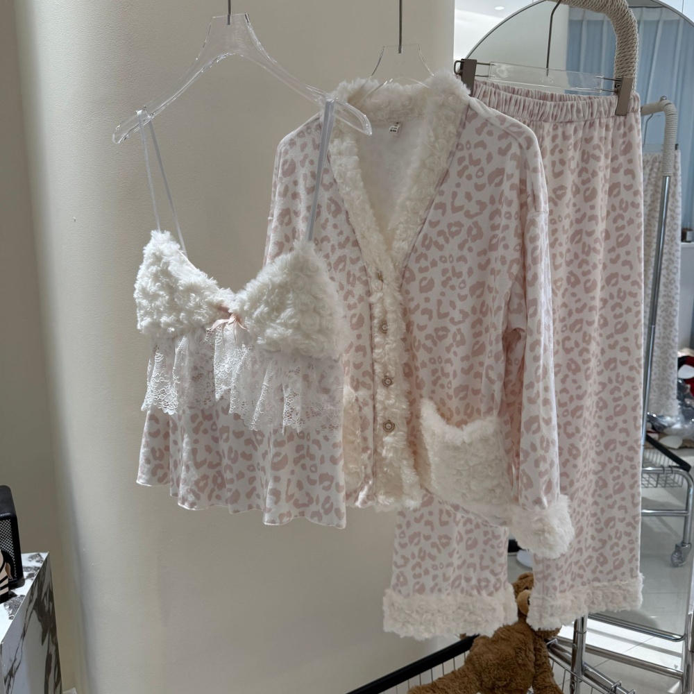 Autumn and winter long pants pink pajamas 3pcs set