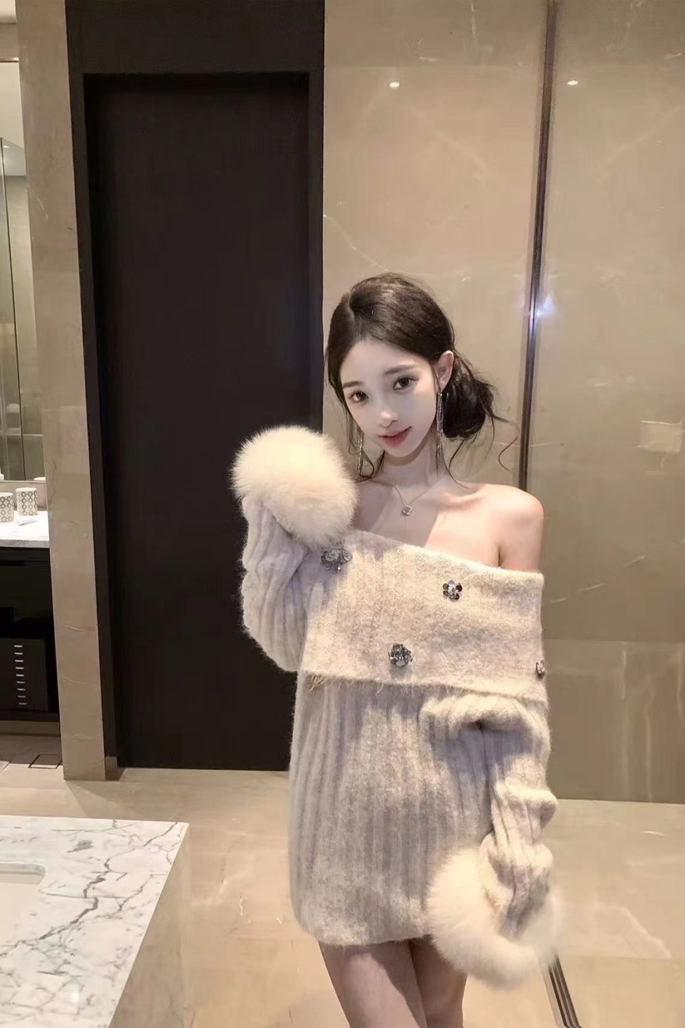 Fox fur lazy dress knitted sweater for women