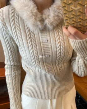 Fur collar winter red sweater for women