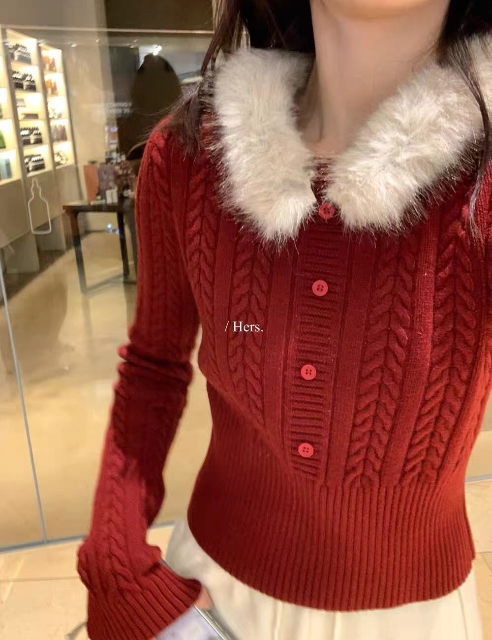 Fur collar winter red sweater for women