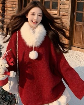 Red thermal fur collar Korean style scarf lazy sweater