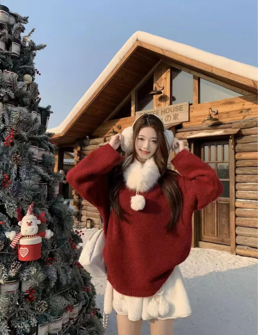 Red thermal fur collar Korean style scarf lazy sweater