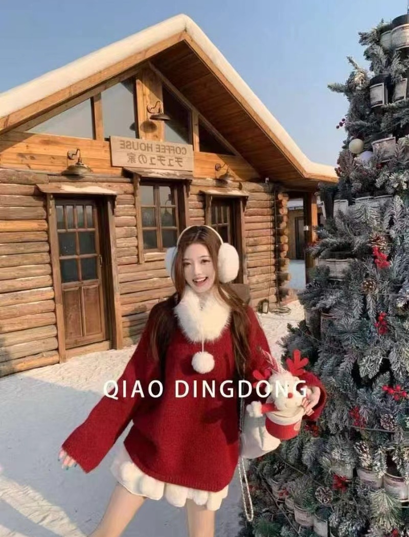 Red thermal fur collar Korean style scarf lazy sweater