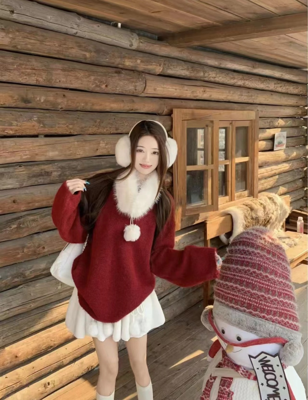 Red thermal fur collar Korean style scarf lazy sweater