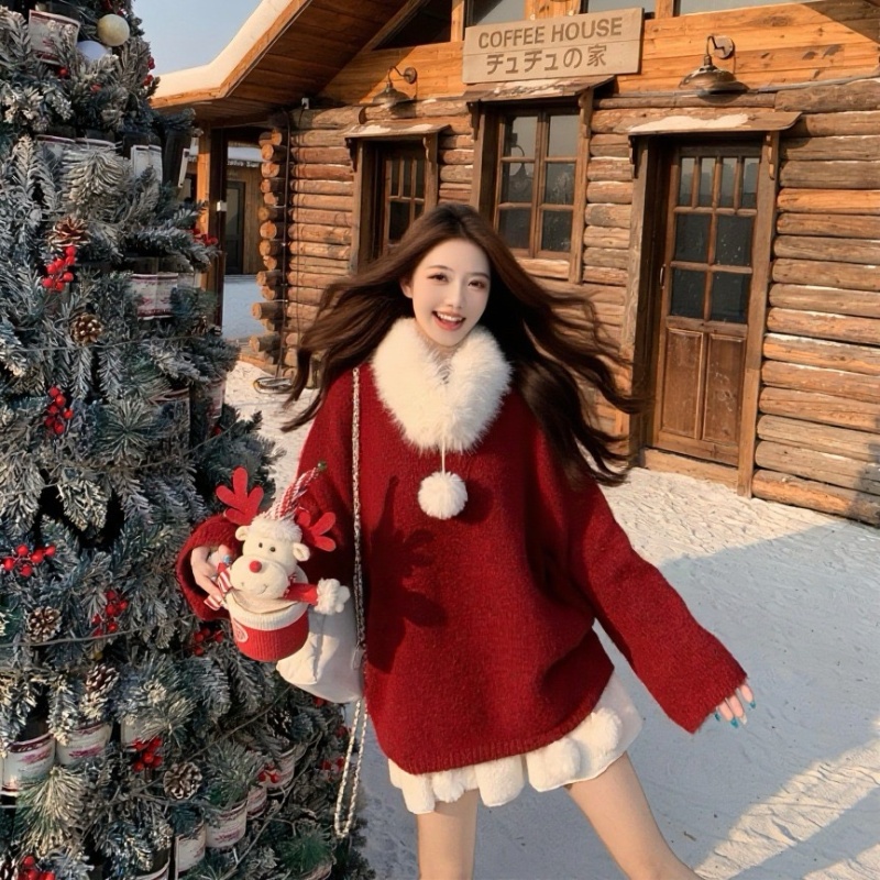 Red thermal fur collar Korean style scarf lazy sweater