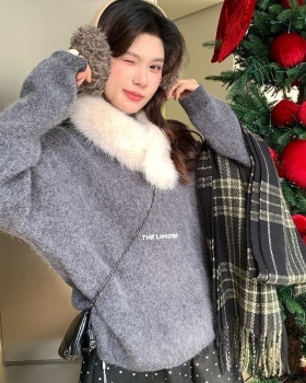 Knitted loose Korean style fur collar round neck sweater