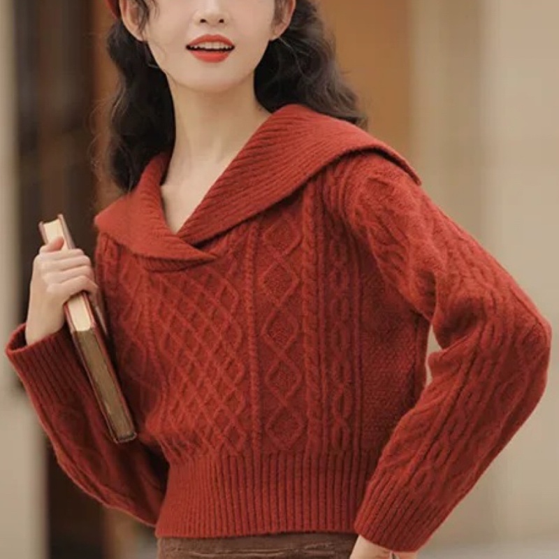 Winter navy collar retro red Korean style christmas sweater