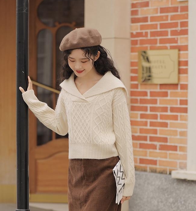 Winter navy collar retro red Korean style christmas sweater