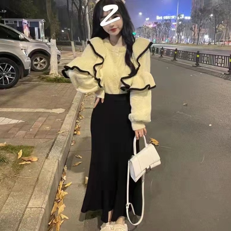 Lantern sleeve sweater skirt a set for women