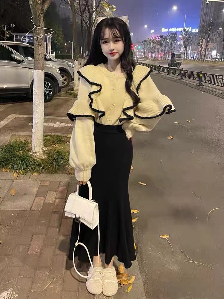 Lantern sleeve sweater skirt a set for women