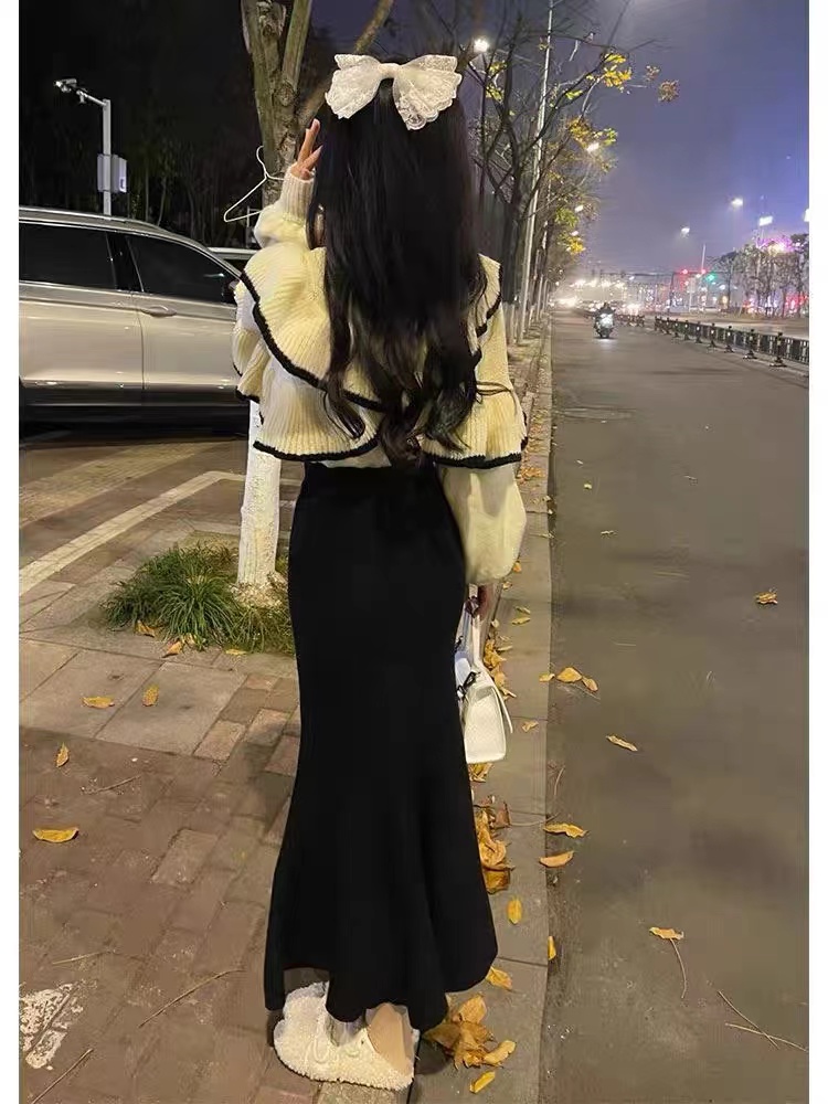 Lantern sleeve sweater skirt a set for women