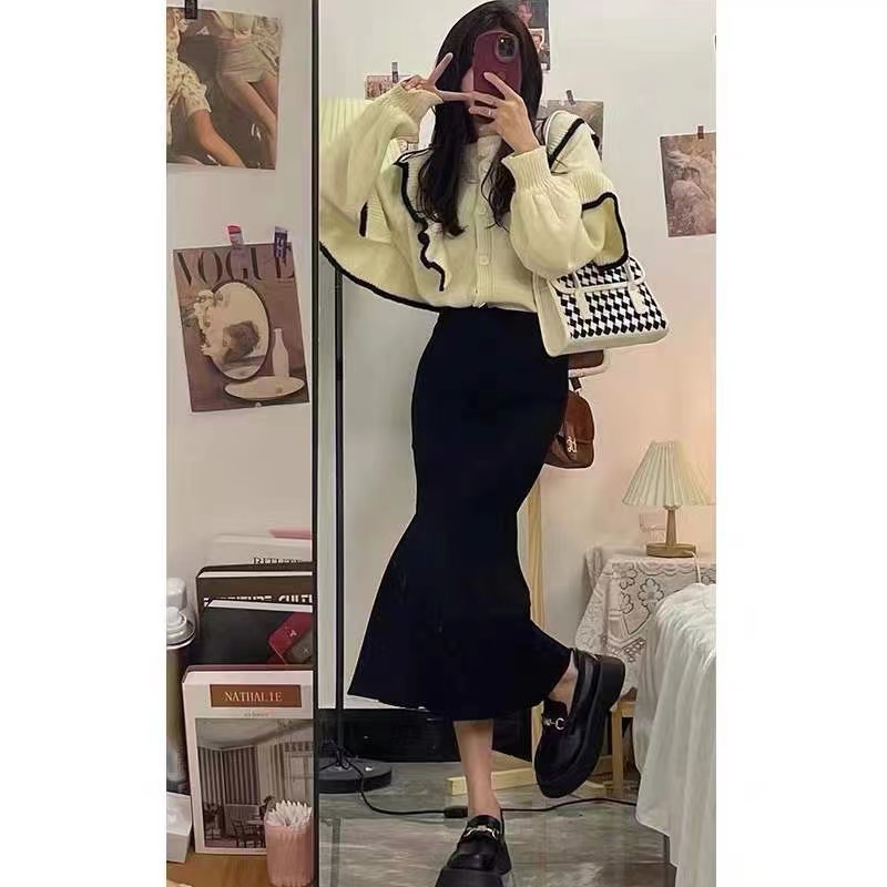 Lantern sleeve sweater skirt a set for women