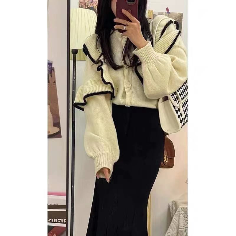 Lantern sleeve sweater skirt a set for women