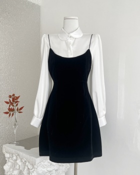 Pinched waist black dress A-line shirt a set for women