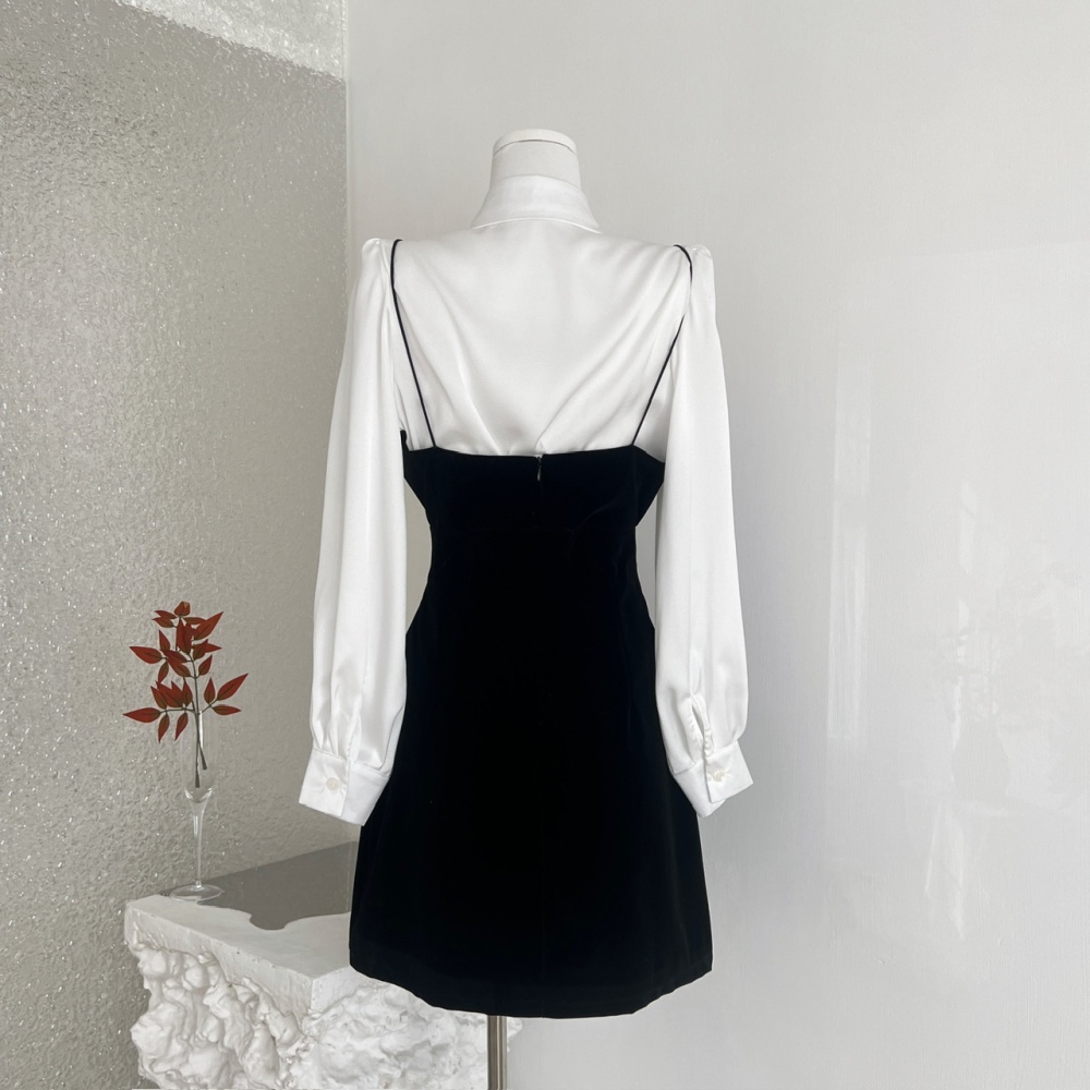 Pinched waist black dress A-line shirt a set for women