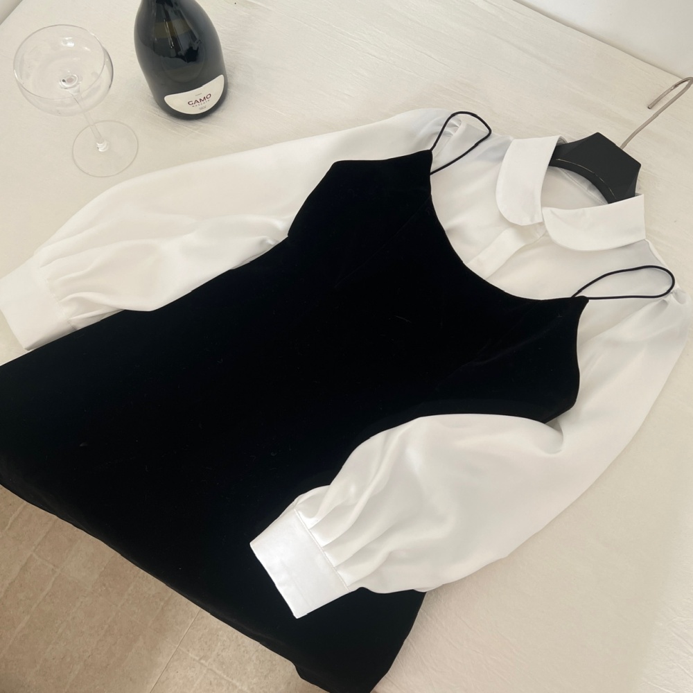 Pinched waist black dress A-line shirt a set for women