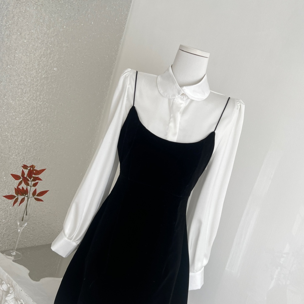 Pinched waist black dress A-line shirt a set for women