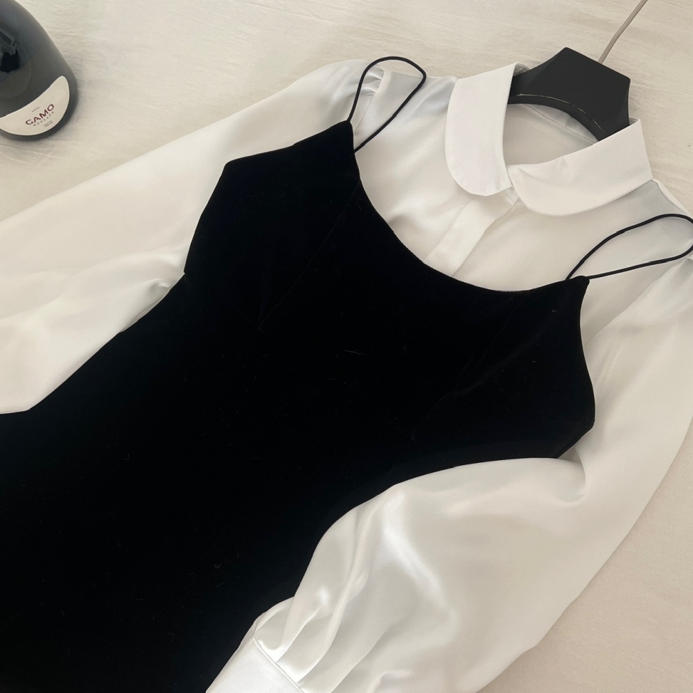 Pinched waist black dress A-line shirt a set for women