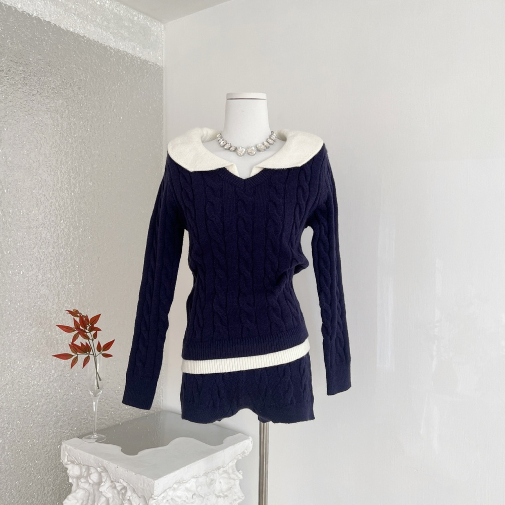 Navy-blue Pseudo-two tops mixed colors maiden shorts a set