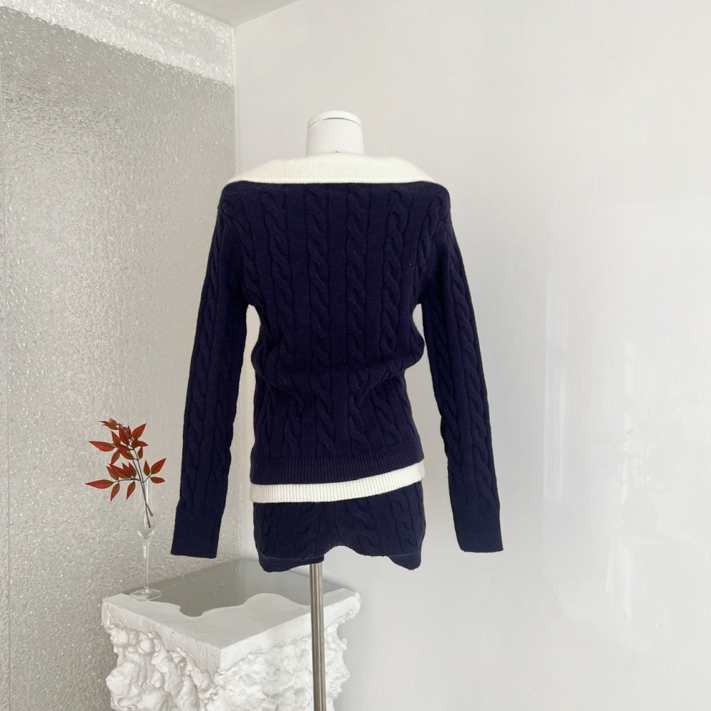 Navy-blue Pseudo-two tops mixed colors maiden shorts a set