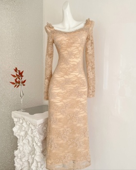 Long sleeve long dress pinched waist dress for women