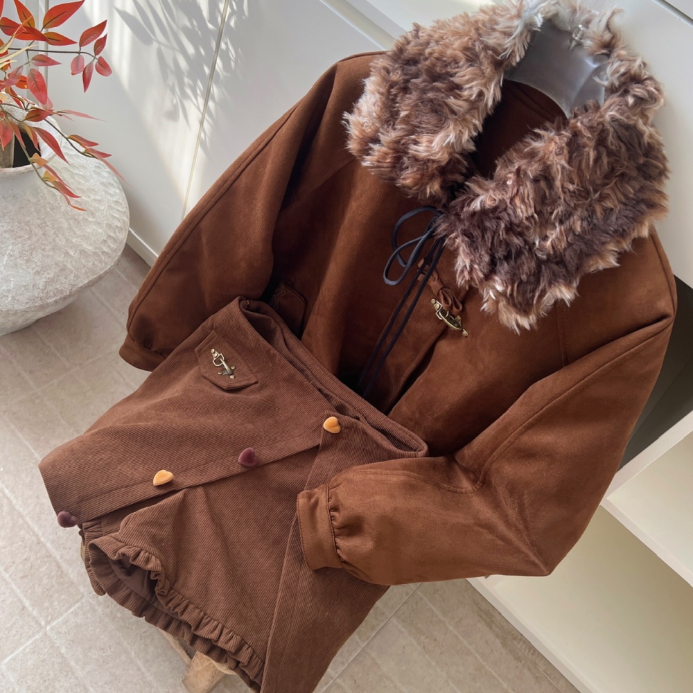 Fur collar clip cotton coat bud skirt 2pcs set