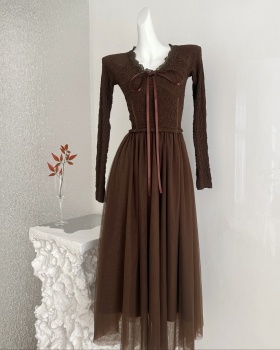 V-neck Pseudo-two dress gauze long dress