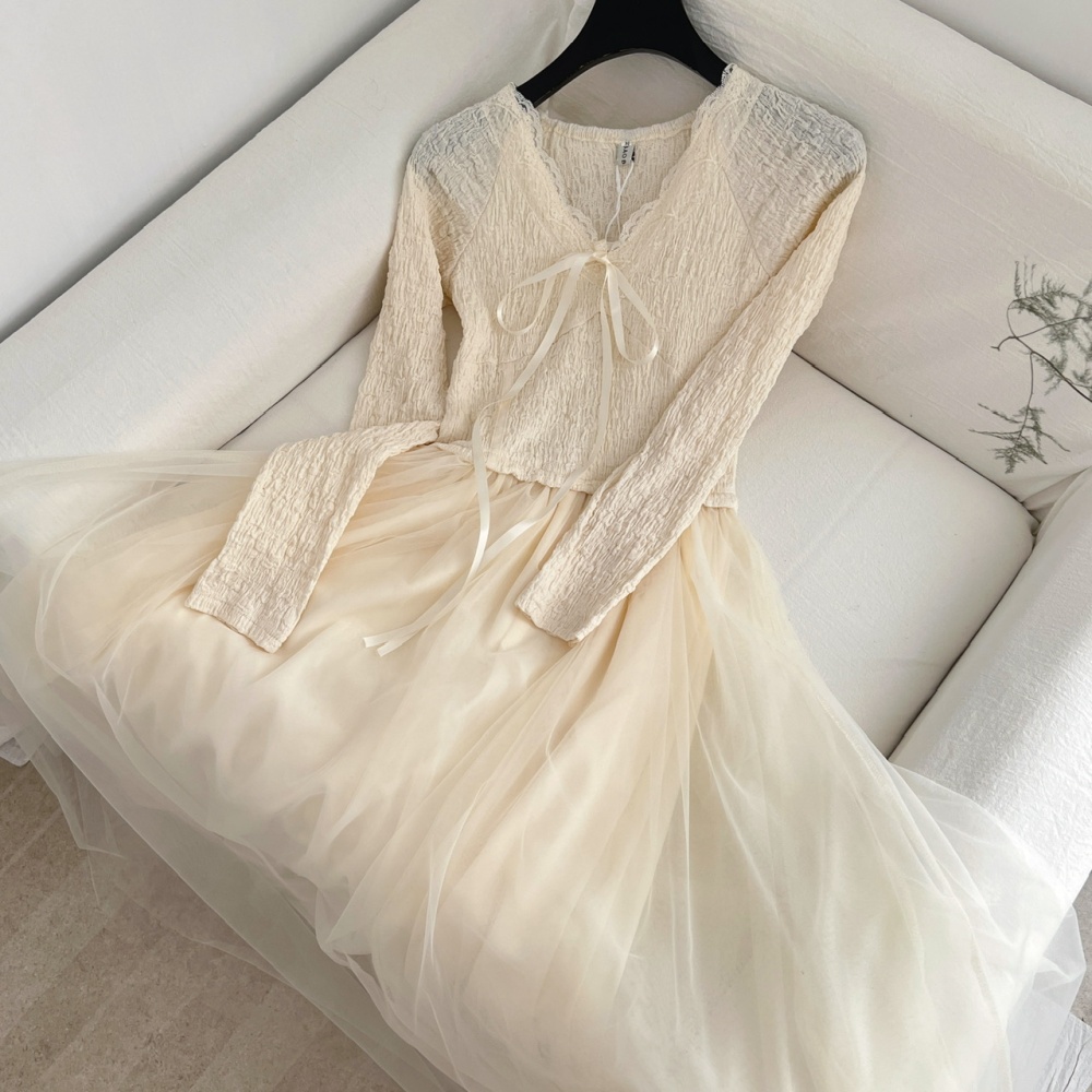 V-neck Pseudo-two dress gauze long dress
