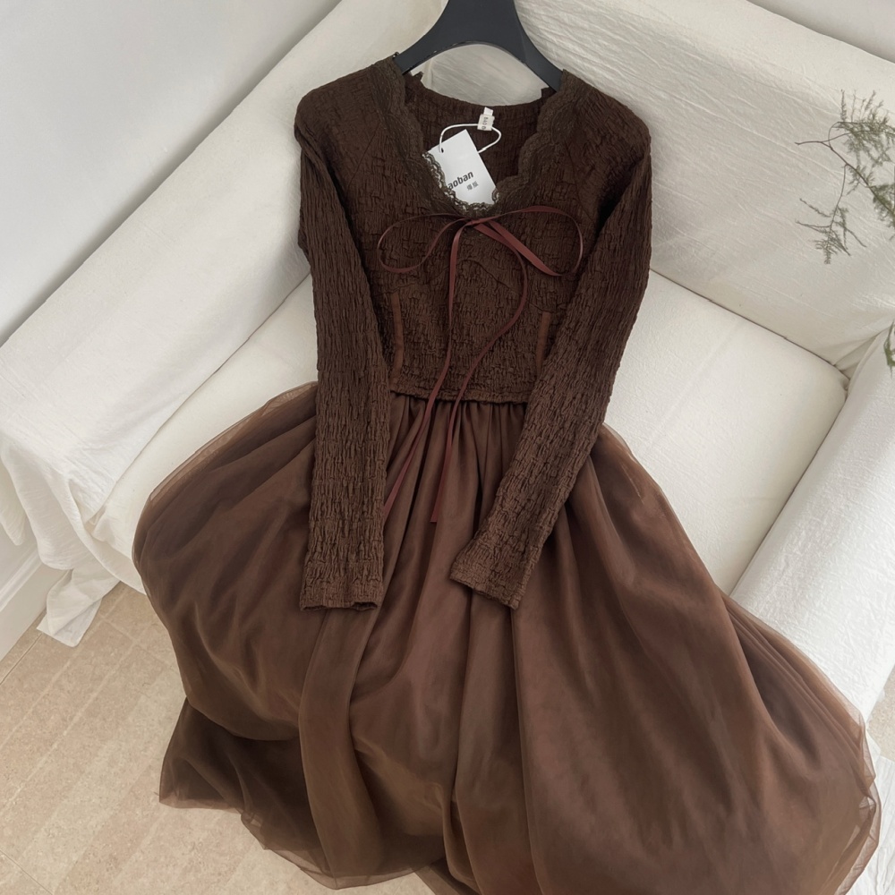 V-neck Pseudo-two dress gauze long dress