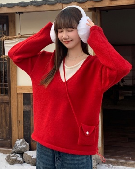 Pseudo-two loose retro V-neck red sweater for women