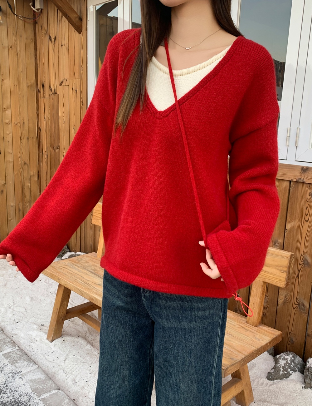 Pseudo-two loose retro V-neck red sweater for women