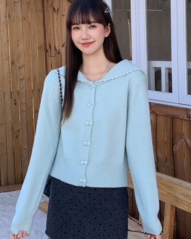 Green flowers knitted sweater lapel lazy coat for women