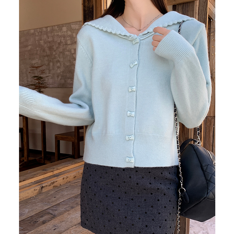 Green flowers knitted sweater lapel lazy coat for women