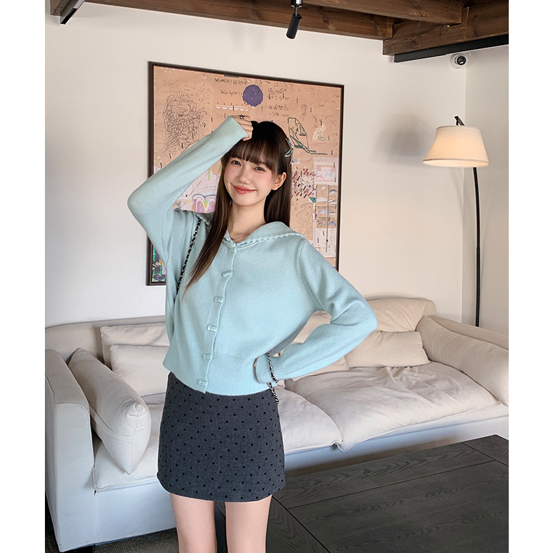 Green flowers knitted sweater lapel lazy coat for women