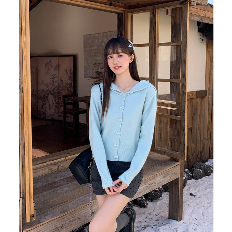 Green flowers knitted sweater lapel lazy coat for women