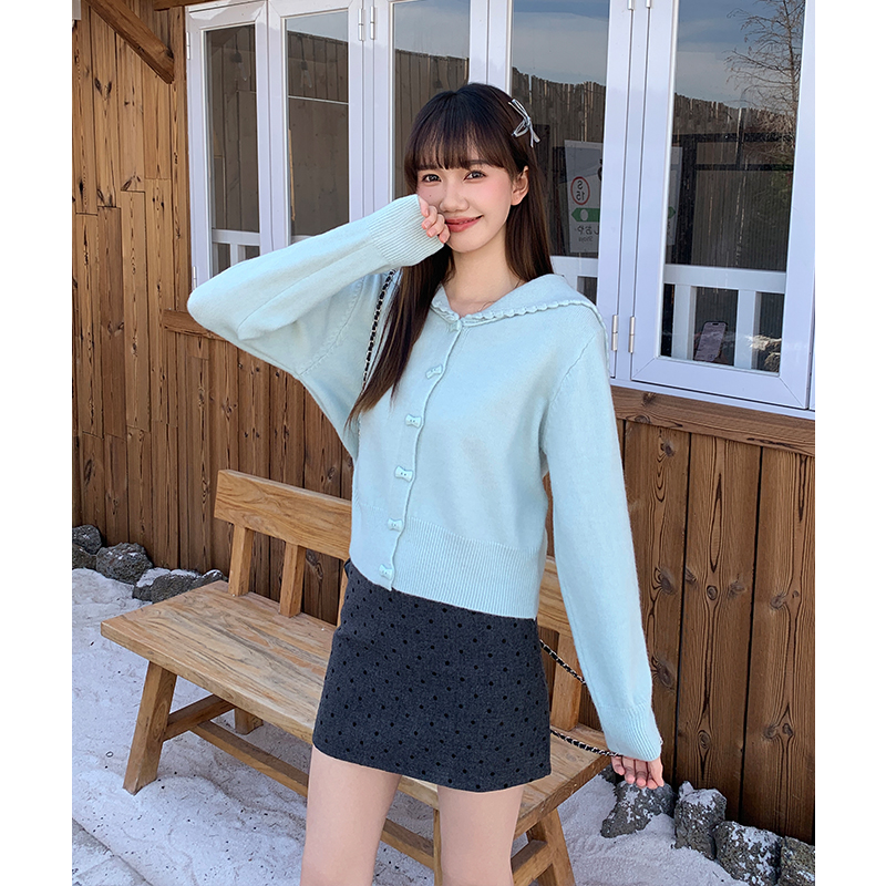 Green flowers knitted sweater lapel lazy coat for women