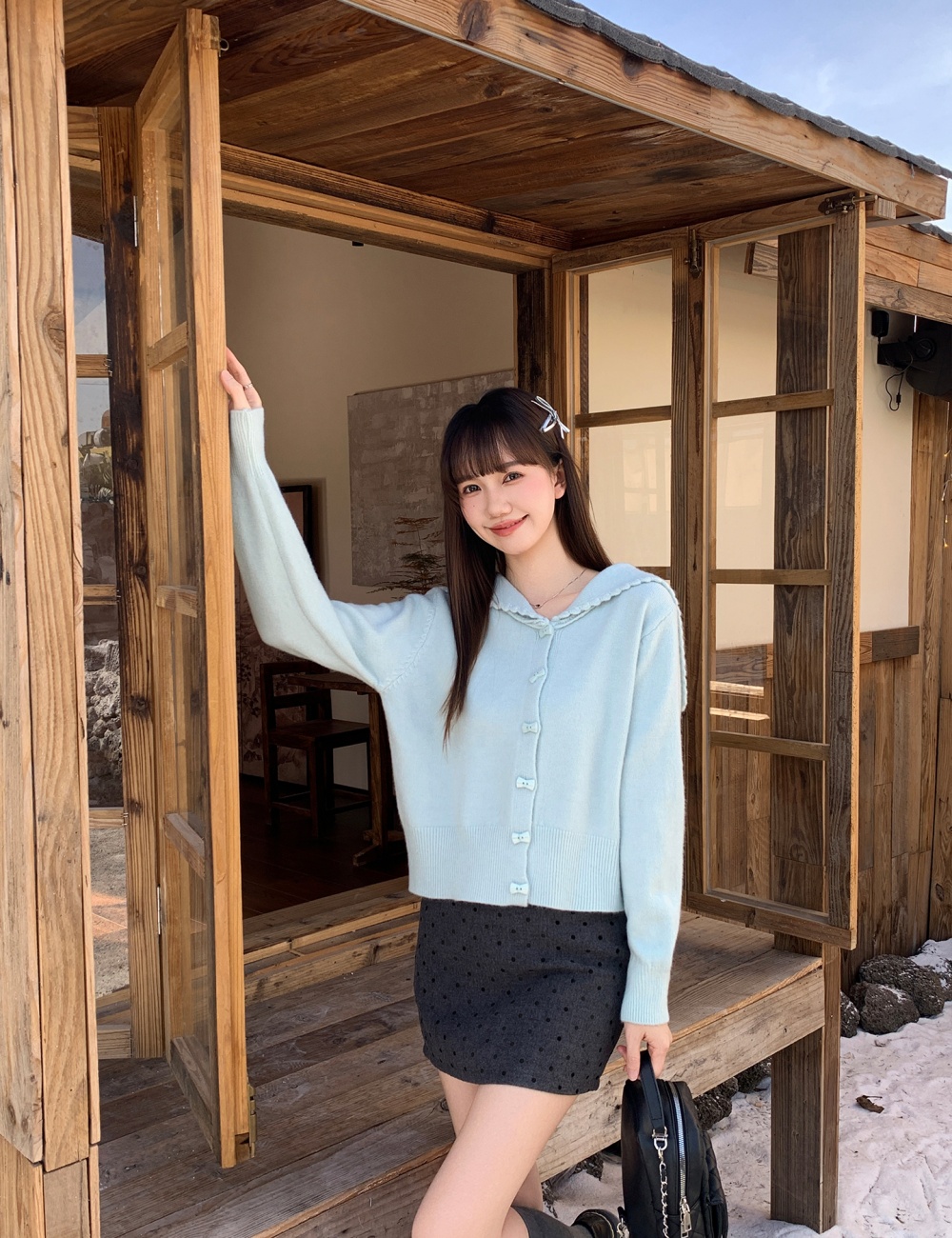 Green flowers knitted sweater lapel lazy coat for women