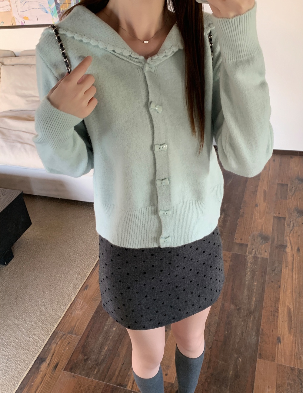 Green flowers knitted sweater lapel lazy coat for women