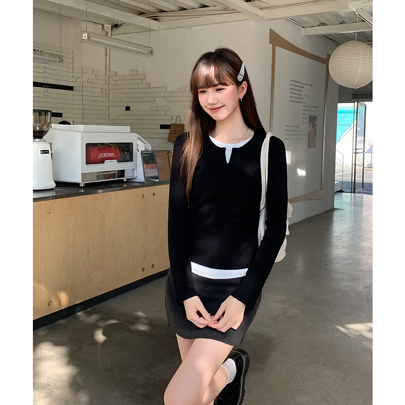 Pseudo-two long sleeve tops autumn and winter T-shirt for women