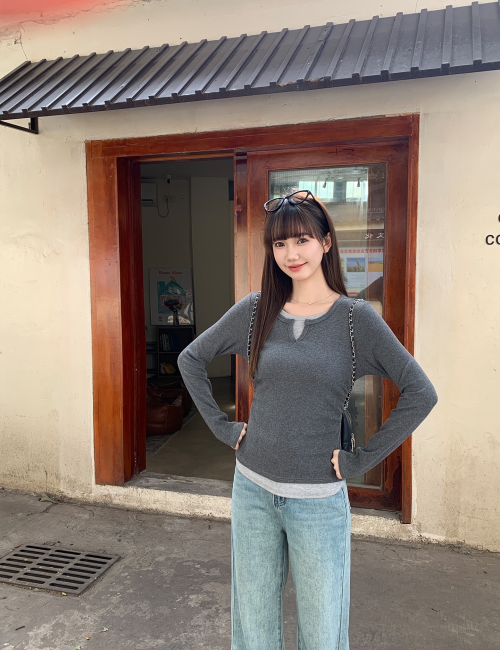 Pseudo-two long sleeve tops autumn and winter T-shirt for women