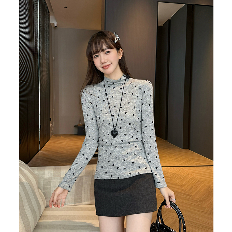 Gray bottoming shirt half high collar T-shirt for women