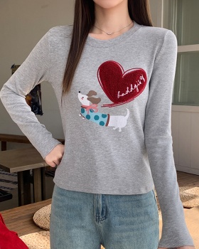 Gray sueding tops heart autumn and winter T-shirt