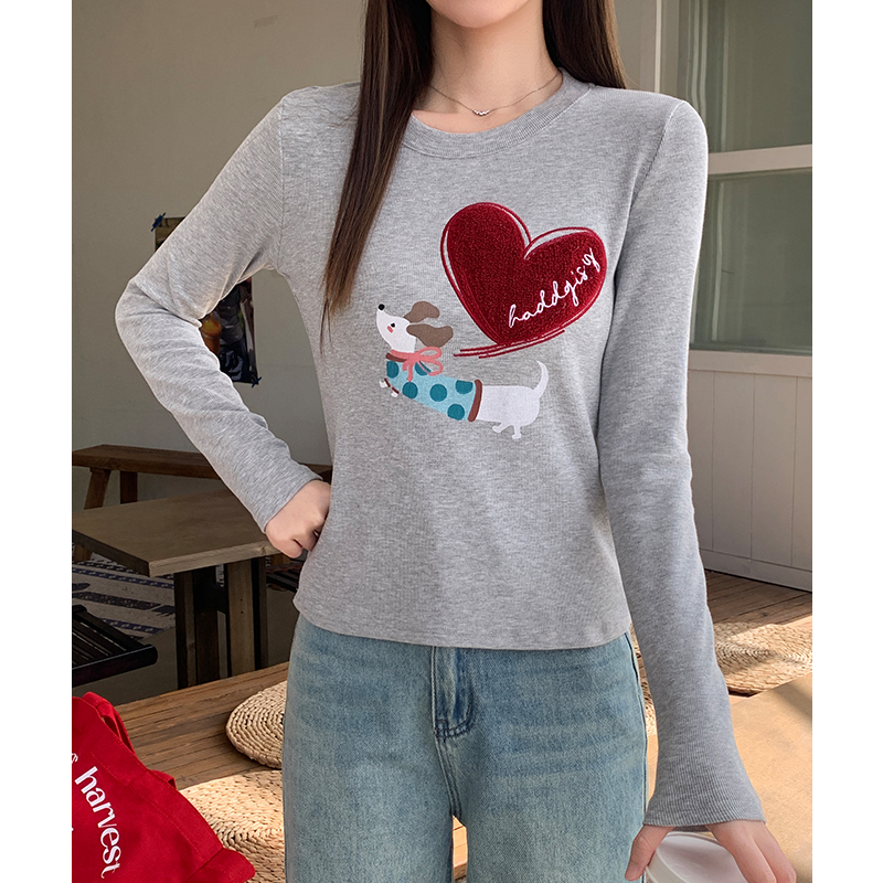 Gray sueding tops heart autumn and winter T-shirt